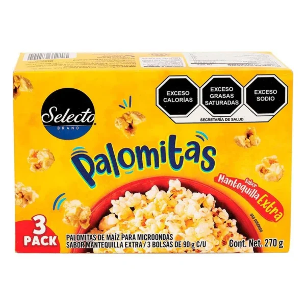 Selecto Brand Extra Butter Popcorn 3 bags 90gr each (Palomitas Selecto Brand Extra Mantequilla 3 bolsa 90gr c/u)